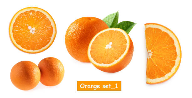 oranje fruit geïsoleerd op witte achtergrond, set1 - oranje stockfoto's en -beelden