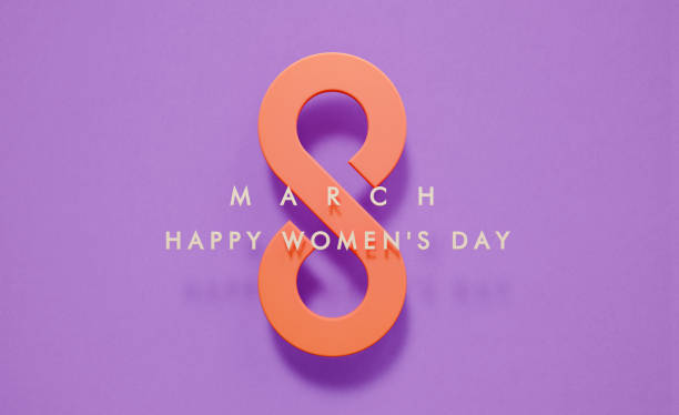 Orange infinity symbol forming number eight on purple background. 8 March Happy Women's Day written over number 8. Horizontal composition with copy space.