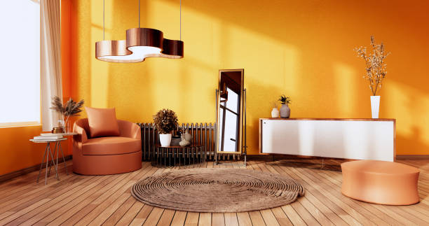 Orange Living Room interior on Orangewall background. 3D rendering stock photo