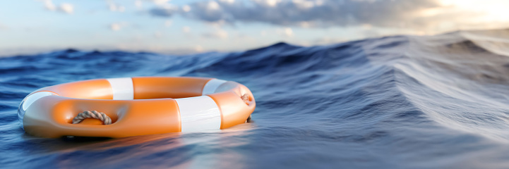 Orange rescue ring floating on large waves in the ocean 3d render panoramic