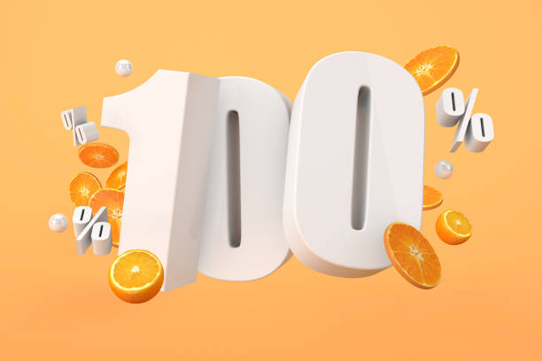 Orange sale 100% off, hot summer sale Promotion with cut oranges. 3D Render stock photo
