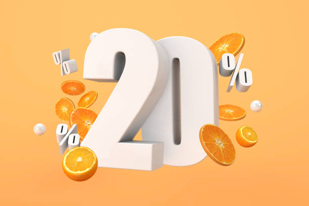 Orange sale 20% off, hot summer sale Promotion with cut oranges. 3D Render stock photo