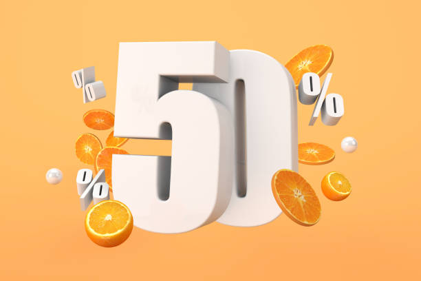 Orange sale 50% off, hot summer sale Promotion with cut oranges. 3D Render stock photo