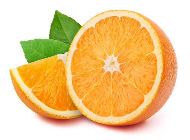 Orange slices isolated on white Perfectly retouched half of the orange with slice and leaves isolated on white background with clipping path orange color stock pictures, royalty-free photos & images