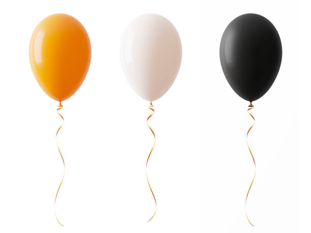 orange weiß und geschwärzt farbigen halloween luftballons, isolated on white background - heißluftballon stock-fotos und bilder