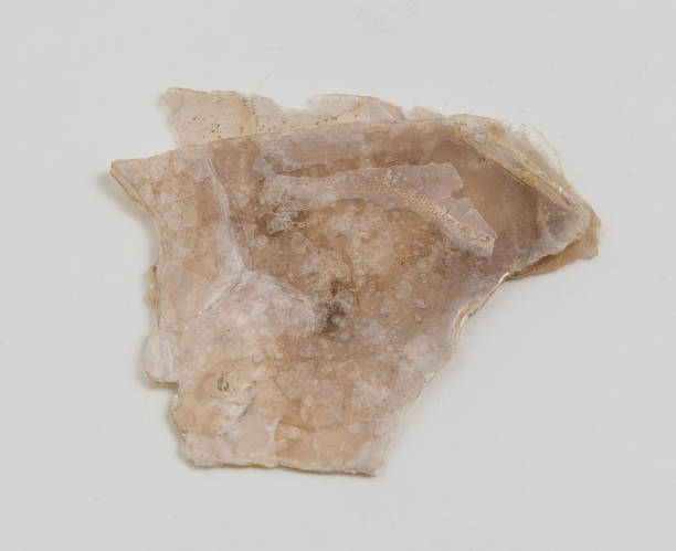 Ore mica on white background. The mica group of sheet silicate (phyllosilicate) minerals includes several closely related materials having nearly perfect basal cleavage. All are monoclinic, with a tendency towards pseudohexagonal crystals, and are similar in chemical composition. The nearly perfect cleavage, which is the most prominent characteristic of mica, is explained by the hexagonal sheet-like arrangement of its atoms. mica schist stock pictures, royalty-free photos & images