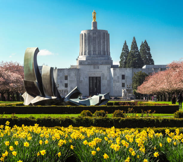Oregon State Capitol Looking Across Capitol Mall Salem, Oregon, USA - March 30, 2019: The Oregon State Capitol viewed looking across the Capitol Mall. People can be seen enjoying the beautiful spring day in the park. The yellow flowers and pink blossoms make this area popular every spring. oregon state capitol stock pictures, royalty-free photos & images