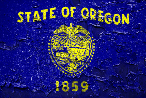 Oregon state Flag emblem on metallic texture Oregon state Flag emblem on metallic texture with displace oregon state capitol stock pictures, royalty-free photos & images