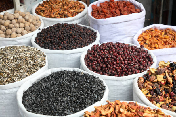 Oriental Bazaar , dried fruits and seeds . stock photo