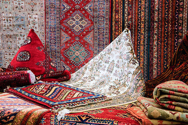 Oriental carpets in the market. stock photo