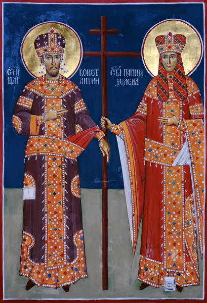 Orthodox icon of Saints Constantine and Helena in Ostrog, Montenegro stock photo