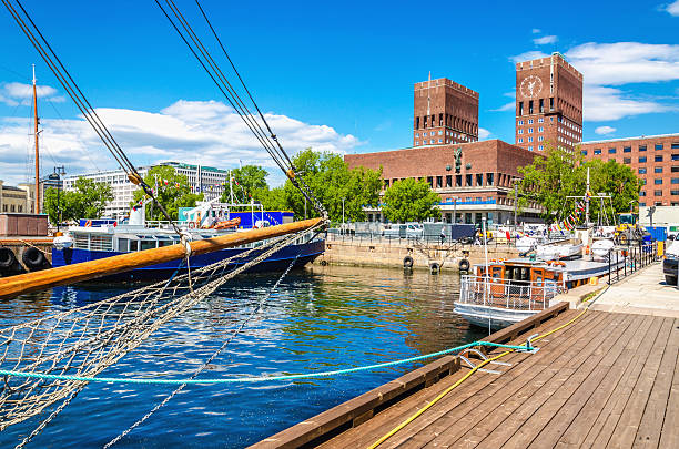 Oslo City Hall from Harbour, Norway Amazing Oslo City Hall seen from Oslo Harbour, Oslo Fjord, Norway oslo stock pictures, royalty-free photos & images