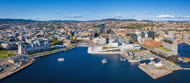 Oslo Cityscape Aerial Panorama Oslo Harbor in Summer Norway Oslo Cityscape Aerial Panorama in Summer. Drone point of view panorama over sunny Oslo Harbor Cityscape and Harbor Waterfront under a beautiful summer Sky. Oslo, Norway, Scandinavia oslo stock pictures, royalty-free photos & images