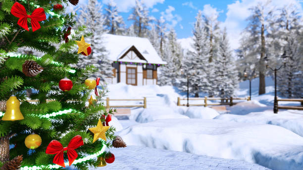 outdoor-weihnachtsbaum am wintertag nahaufnahme - alpen unscharf winter stock-fotos und bilder
