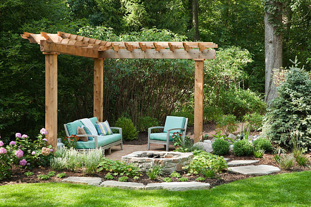 Outdoor living space with portcullis. stock photo