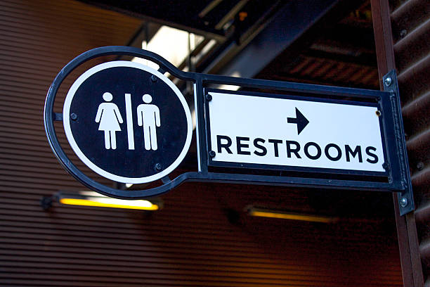 Outdoor Metalic Restroom Sign Close Up stock photo
