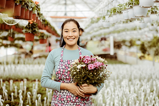 Portrait of smiling Asian female gardener looking at camera while standing in greenhouse at flower plantation