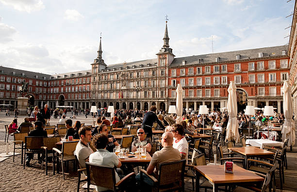Outdoors dinning at Major Plaza of Madrid, Spain stock photo