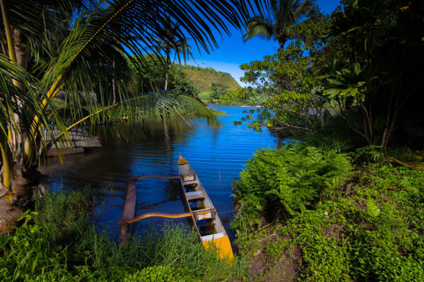 Outrigger canoe on Wailua river stock photo
