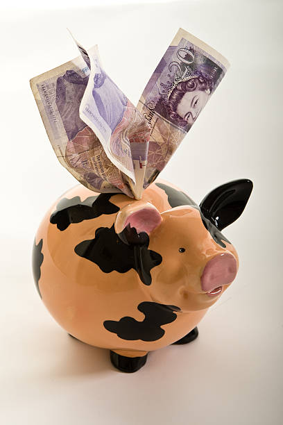 Over flowing piggy bank with english £20 notes stock photo