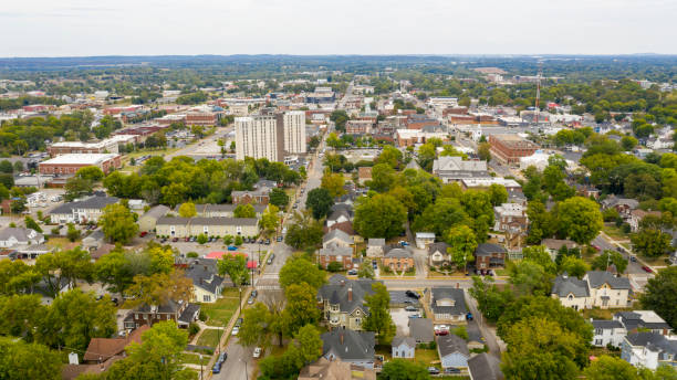 Overcast Day Aerial View over the Urban Downtown Area of Bowling Green Kentucky stock photo