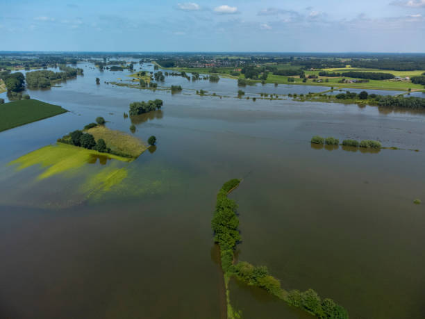 Overflowing floodplains of the river IJssel after heavy rainfall stock photo