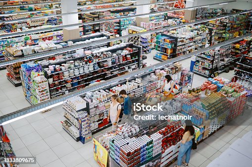 istock Overhead image of people buying in the large supermarket 1333809675