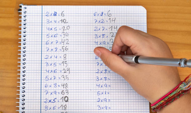 Overhead shot of a girl's hand writing the multiplication tables in a notebook. stock photo