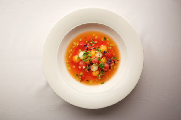 Overhead shot of a gourmet bowl of vegetable soup stock photo