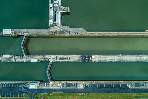 Overhead Shot of Dam and Lock on the Ohio River