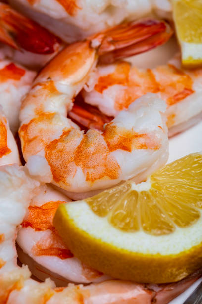 Overhead view Close up of fresh shrimp background stock photo