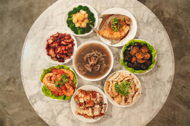 Overhead view of a Chinese New Year reunion dinner stock photo