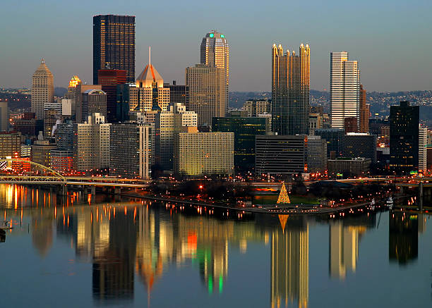 Overhead view of the Pittsburgh skyline at dusk stock photo