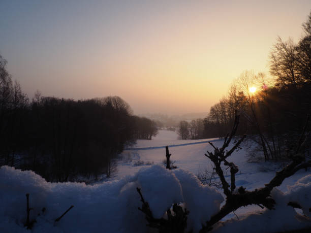 Overlooking the winter landscape in Bavaria stock photo