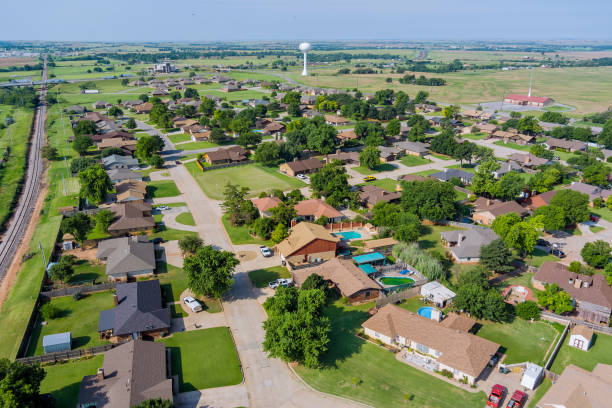 Overlooking view of a small town a Clinton in the highways, US Rte 66 interchanges of Oklahoma USA stock photo
