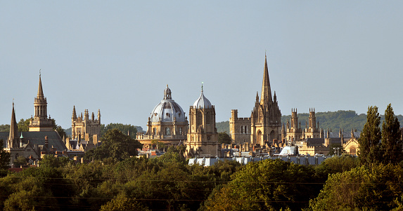 The skyline and golden spires of Oxford University at duskUK
