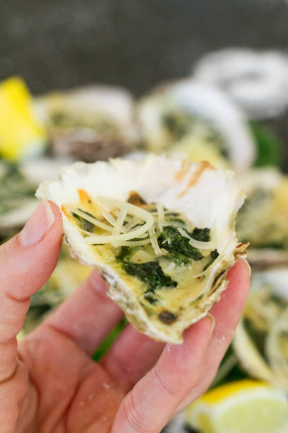Oysters Rockefeller in hand stock photo