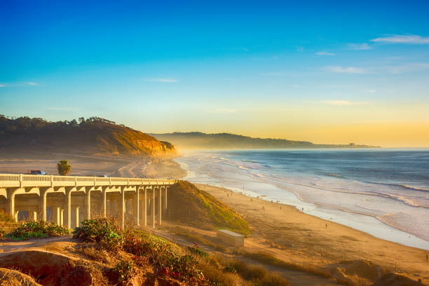 Pacific Coast Highway 101 in Del Mar A bridge on the 101 along the beach in Del Mar, California, located just north of San Diego. coastline stock pictures, royalty-free photos & images