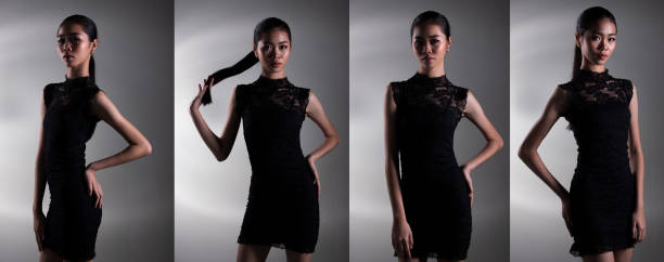 pack of Little Teenager Girl in profile shooting Group Collage Pack of many post Asian Teenager girl in Black fashion funeral dress for sad timing people death and losing someone, studio lighting gray white gradient background low exposure how do you say shut up in japanese stock pictures, royalty-free photos & images