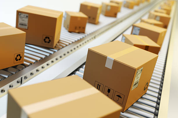 Packages delivery, packaging service and parcels transportation system concept stock photo