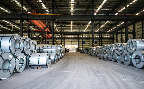 Packed rolls of steel sheet, Cold rolled steel coils stock photo