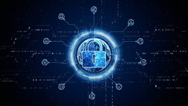 HUD Padlock Icon Cyber Security, Digital Data Network Protection, Future Technology Digital Data Network Connection Background Concept. 3d rendering stock photo