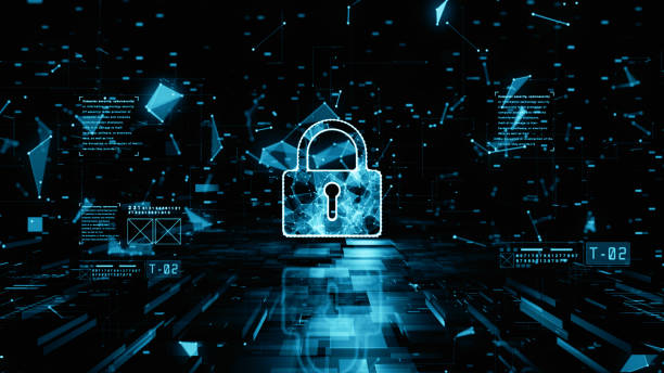 Padlock of Cyber Security Digital Data, Big data Network Protection, and Analysis, Future Technology Background Concept. stock photo