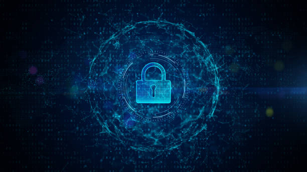 Padlock of Cyber Security Digital Data, Digital Data Network Protection, Global Network Internet Connection Future Background Concept. stock photo