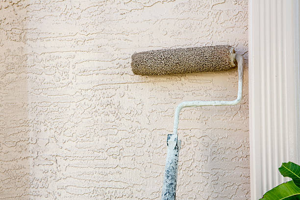 Paint roller attached to pole on outside wall of house Paint roller is being used to paint the outside of a home. The roller is attached to a pole.  No people in the picture. Taken with a Canon 5D Mark lll. stucco stock pictures, royalty-free photos & images
