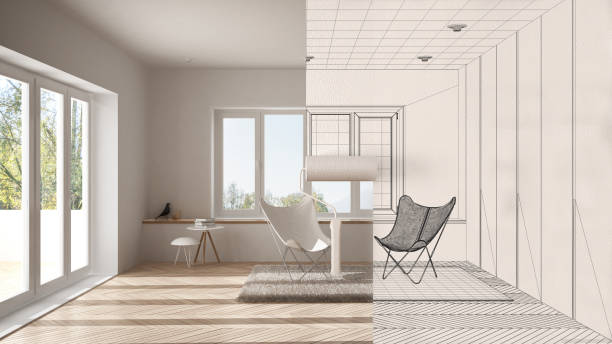 Paint roller painting interior design blueprint sketch background while the space becomes real showing living room. Before and after concept, architect designer creative work flow stock photo
