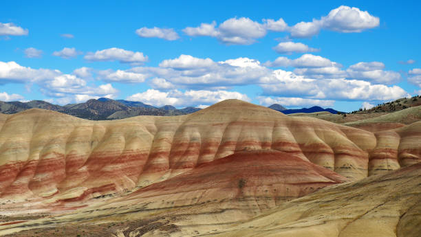 Painted Hills Unit, John Day Fossil Beds Vibrant Striped Desert Mountain Landscape in Oregon fossil site stock pictures, royalty-free photos & images