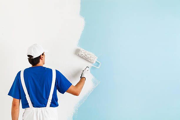 painter painting a wall with paint roller Back view of  painter in white dungarees, blue t-shirt, cap and gloves painting a wall with paint roller, with copy space painting activity stock pictures, royalty-free photos & images