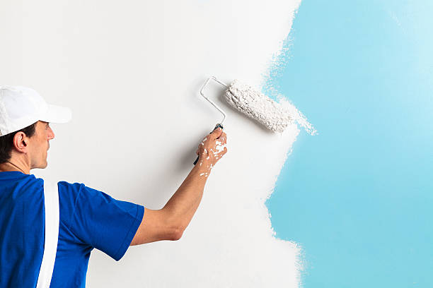 painter painting with paint roller Back view of painter painting a wall with paint roller, with copy space painting activity stock pictures, royalty-free photos & images