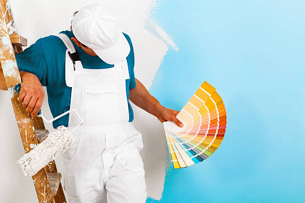 painter  with paintroller showing a color palette portrait of painter man with paintroller and wooden vintage ladder showing a color palette, on half painted wall painting activity stock pictures, royalty-free photos & images